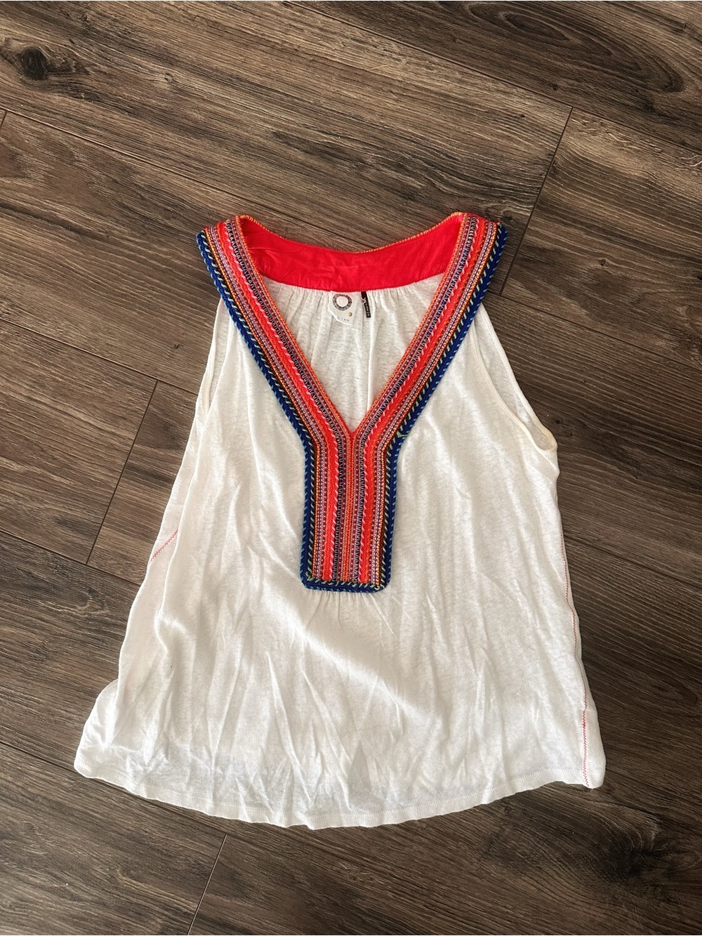 Akemi & Kin for Anthropologie White Embroidered Tank Top with Coral/Blue Trim